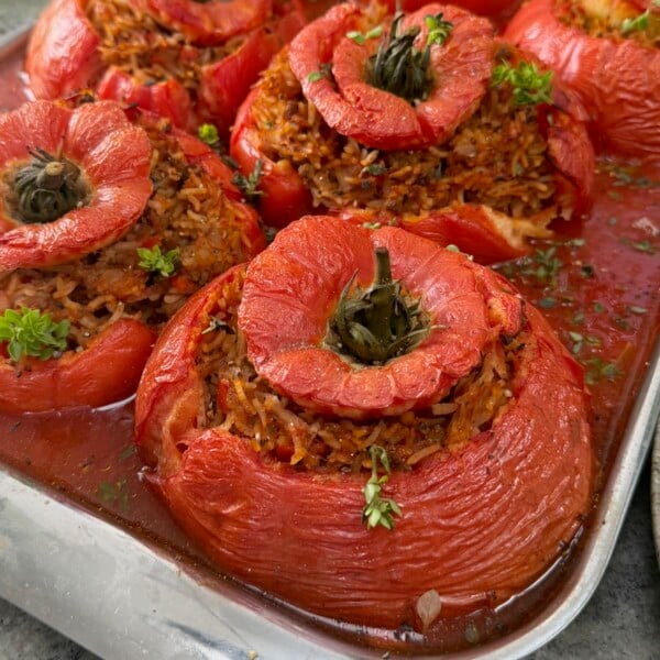 Close-up shot of freshly baked rice and minced meat stuffed tomatoes capped with their tops and garnished with fresh thyme in a baking dish.