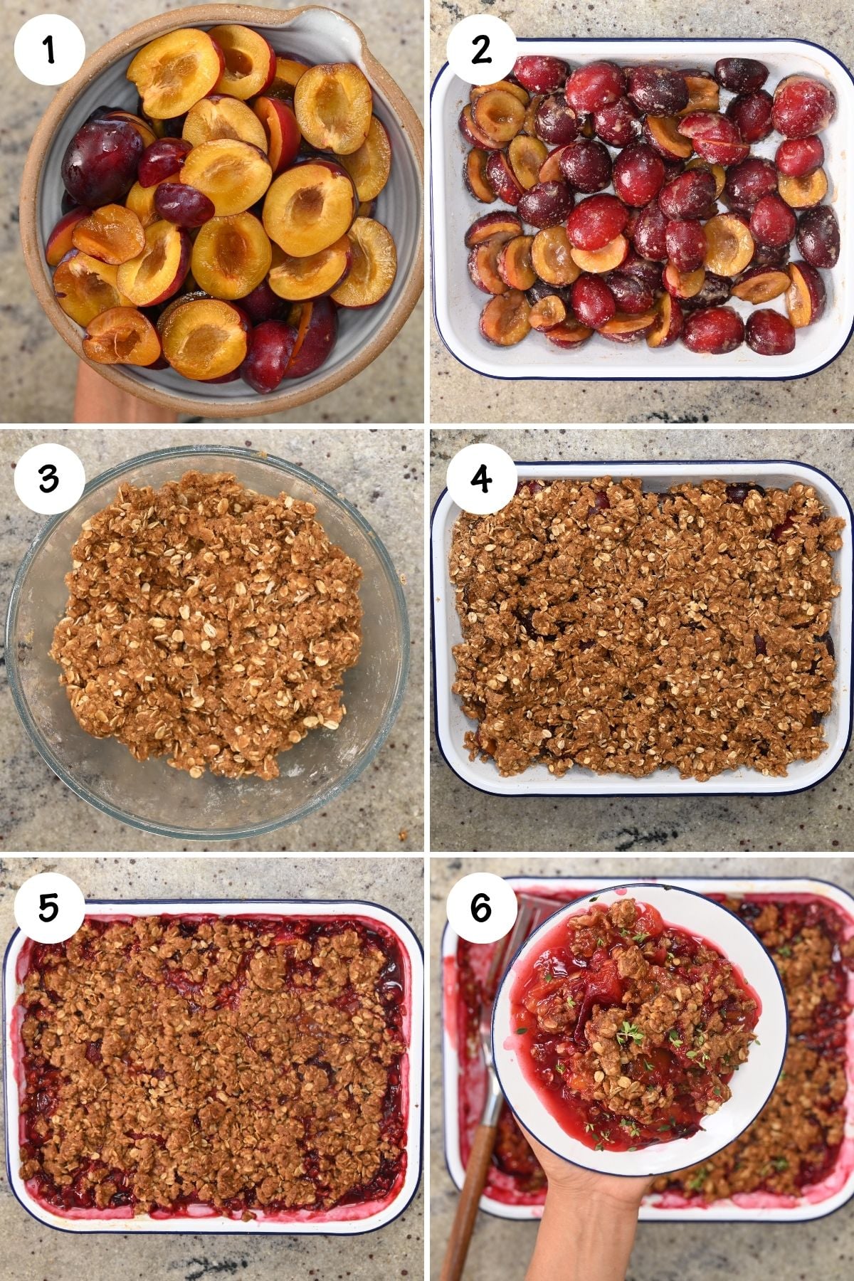 Six-step photo collage showing how to prepare, bake, and serve plum crisp.