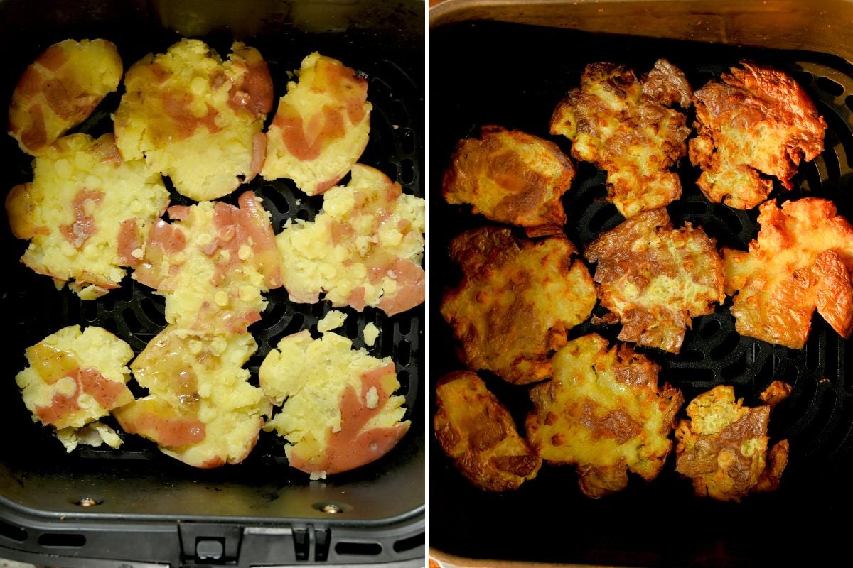 A side-by-side comparison showing smashed red potatoes inside an air fryer basket: the left panel shows the raw smashed potatoes before cooking, and the right panel shows them air-fried to a deep golden-brown crispness.