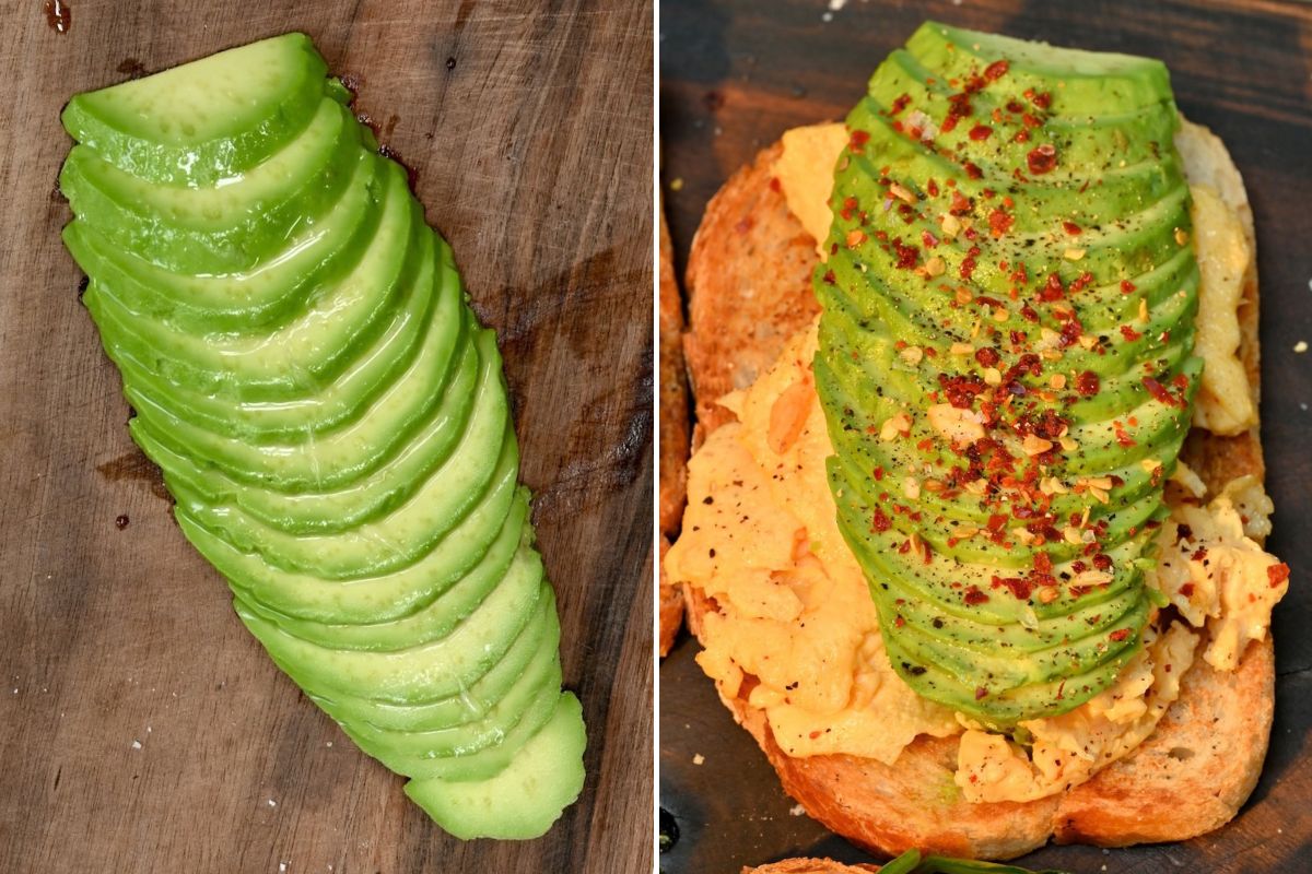 A side-by-side two-panel collage showing sliced avocado fanned out on a wooden cutting board on the left, next to toasted bread topped with fluffy scrambled eggs, fanned avocado slices, and a sprinkle of red chili flakes on the right.