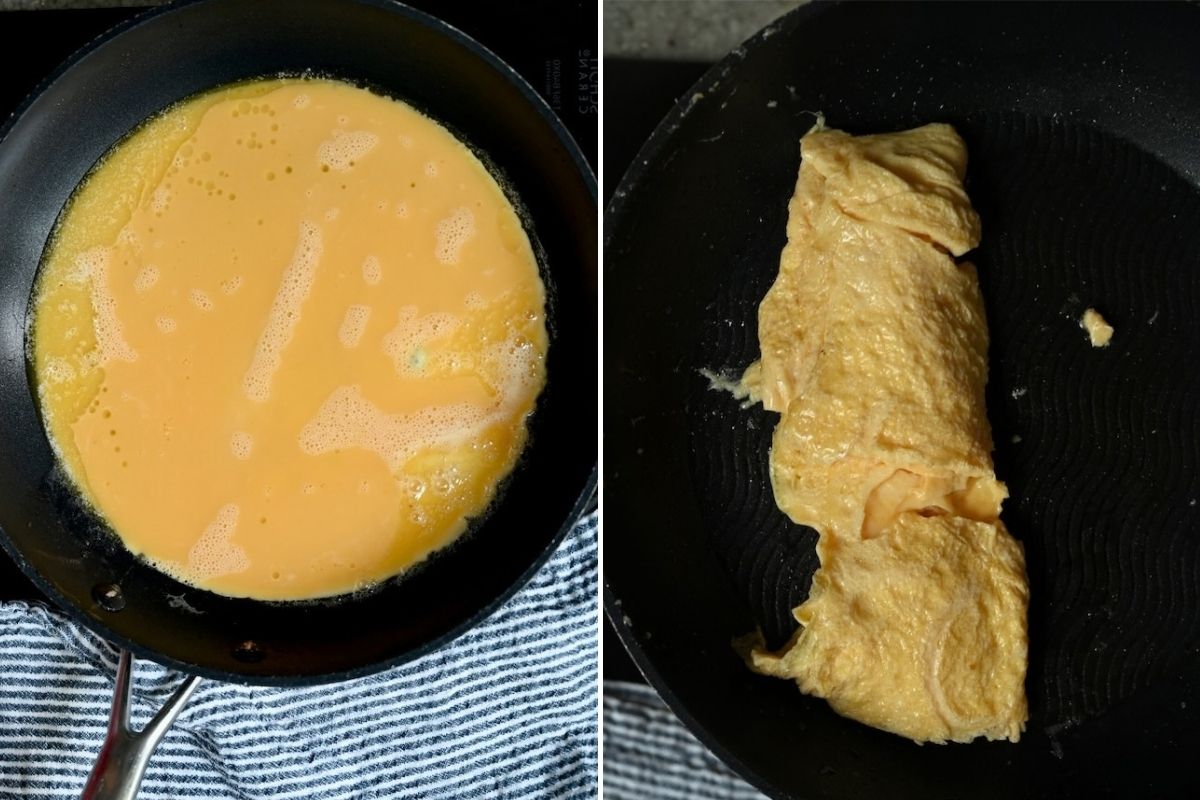 A side-by-side two-panel collage showing raw whisked egg mixture cooking in a black skillet on the left, next to the cooked eggs folded into a soft roll inside the skillet on the right.