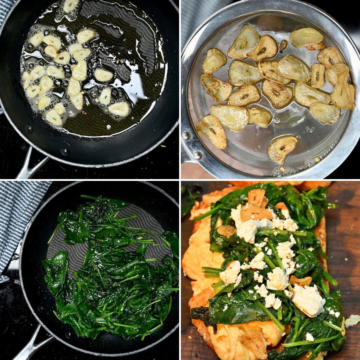 A four-step process grid showing garlic slices sizzling in oil in a skillet, drained golden crisp garlic slices in a fine mesh strainer, baby spinach wilted in the skillet, and the cooked spinach topped with crumbled feta and crispy garlic served over scrambled eggs on toast.