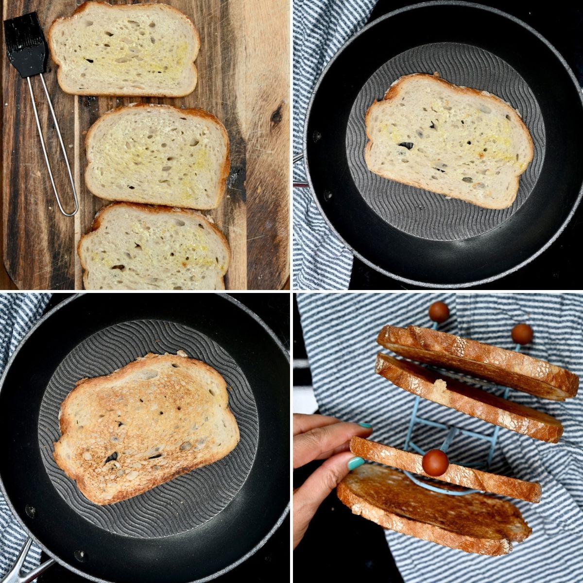 A four-step process grid showing slices of white sourdough bread brushed with oil on a cutting board, a slice placed in a hot pan, toasted to golden brown, and placed on a wire toast rack to cool.