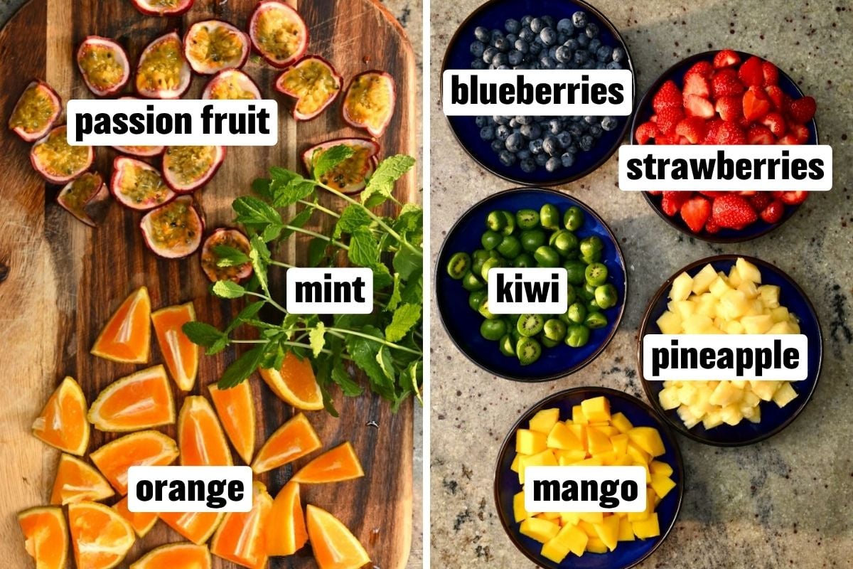 Ingredients needed to make fruit salad.