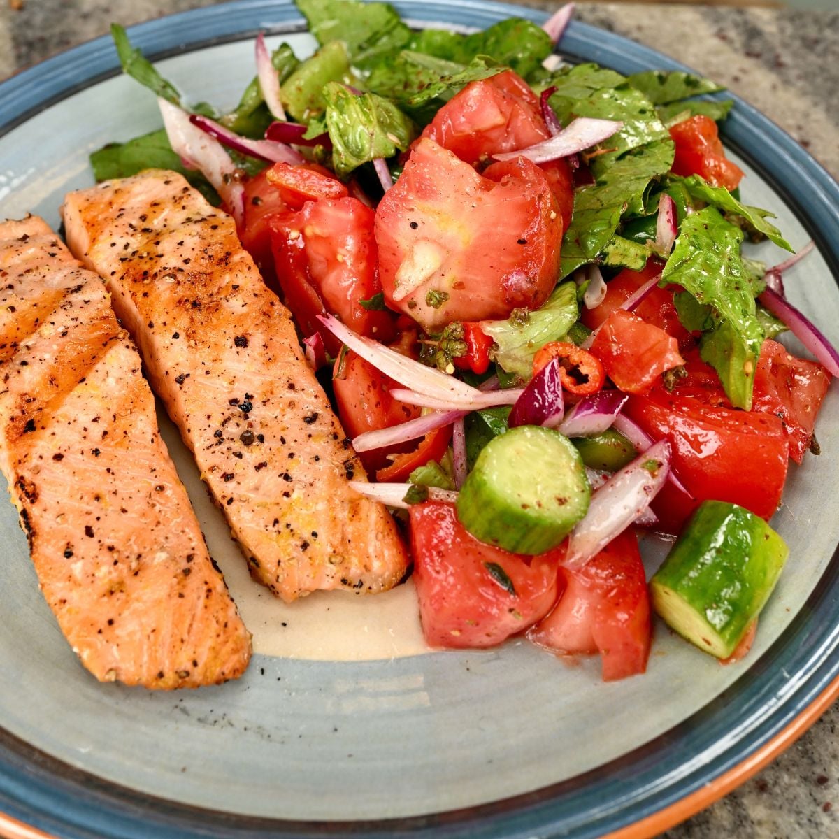 A close-up view of a light blue ceramic plate featuring two grilled salmon fillets seasoned with black pepper alongside a fresh garden salad made of chopped tomatoes, cucumbers, red onion, lettuce, and herbs.