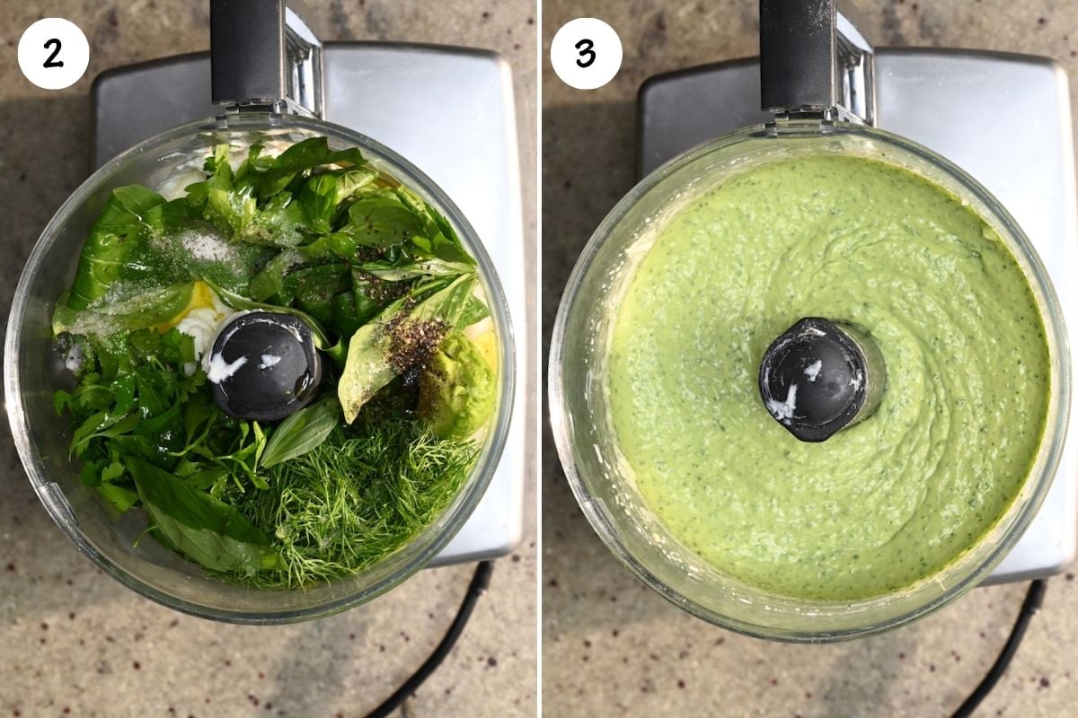 A side-by-side view showing fresh herbs, avocado, yogurt, and seasonings loaded into a food processor bowl, followed by the fully blended, smooth light-green dressing.