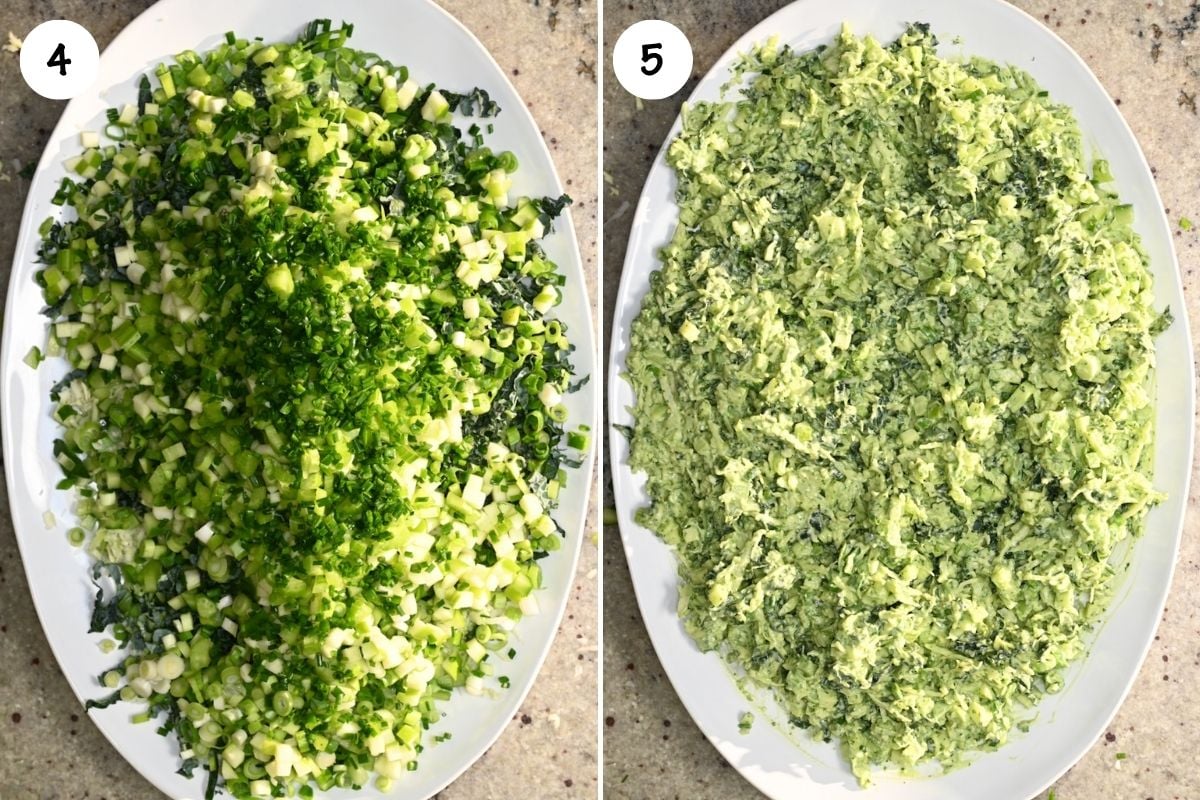 A side-by-side view on a large oval platter showing finely chopped green vegetables piled together, followed by the salad fully tossed and coated in creamy green dressing.