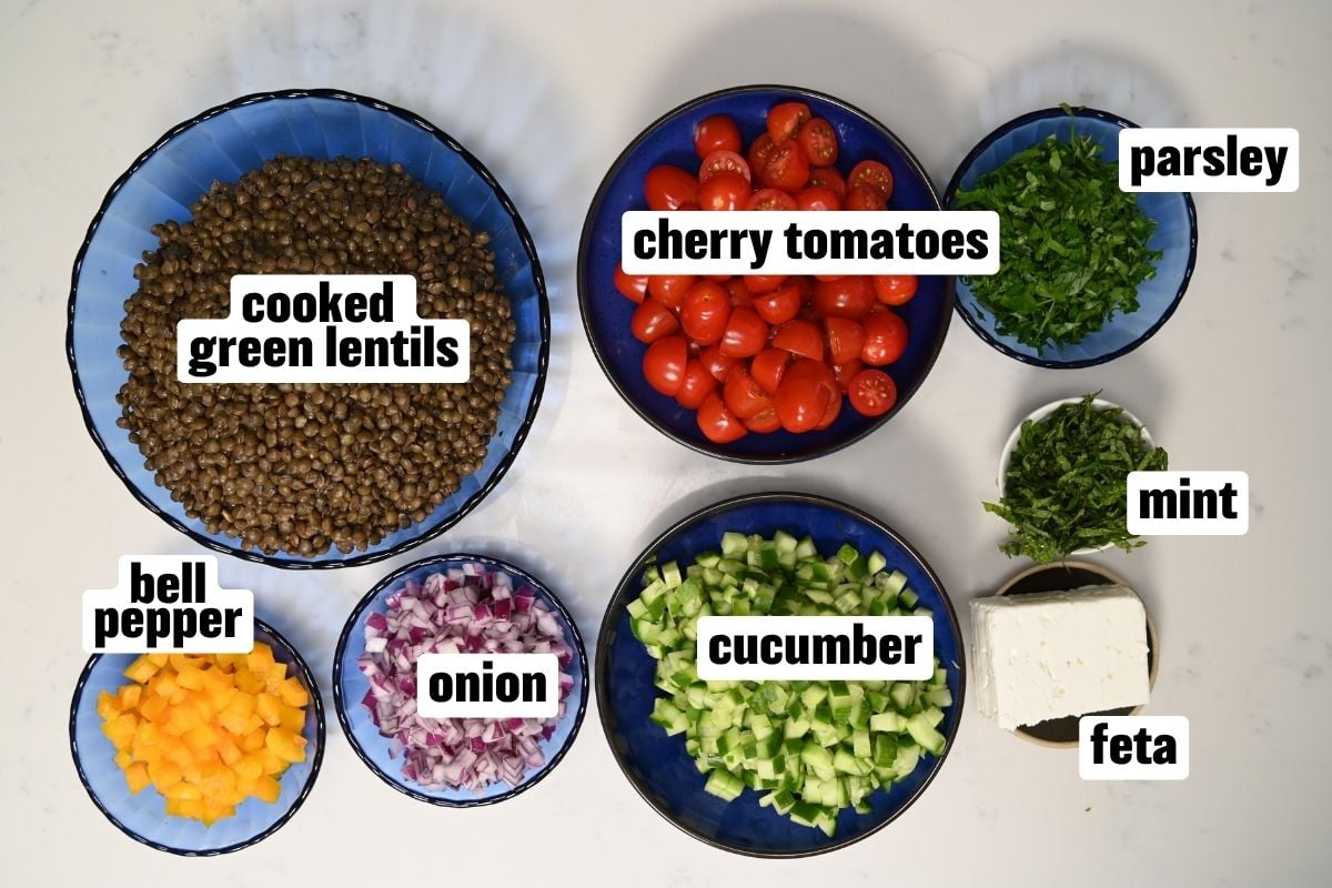 An ingredient flat lay in blue bowls featuring cooked green lentils, cherry tomatoes, diced bell pepper, red onion, cucumber, parsley, mint, and a block of feta cheese.