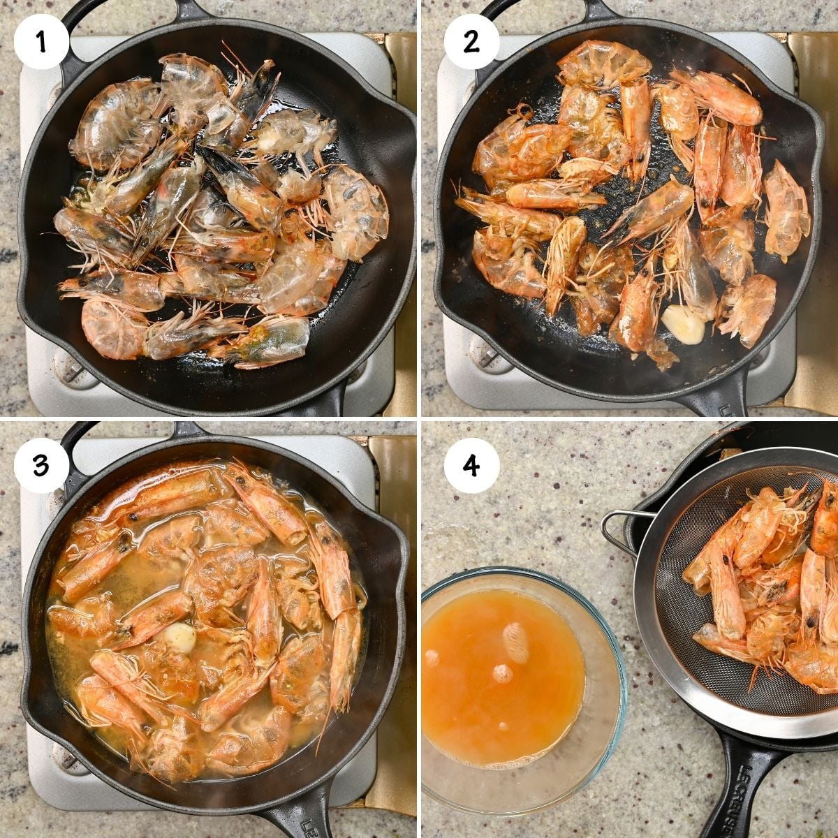 A four-step grid showing how to make homemade shrimp stock: sauteing shrimp heads and shells in a skillet, browning them, simmering with water, and straining the flavorful orange stock into a glass bowl.
