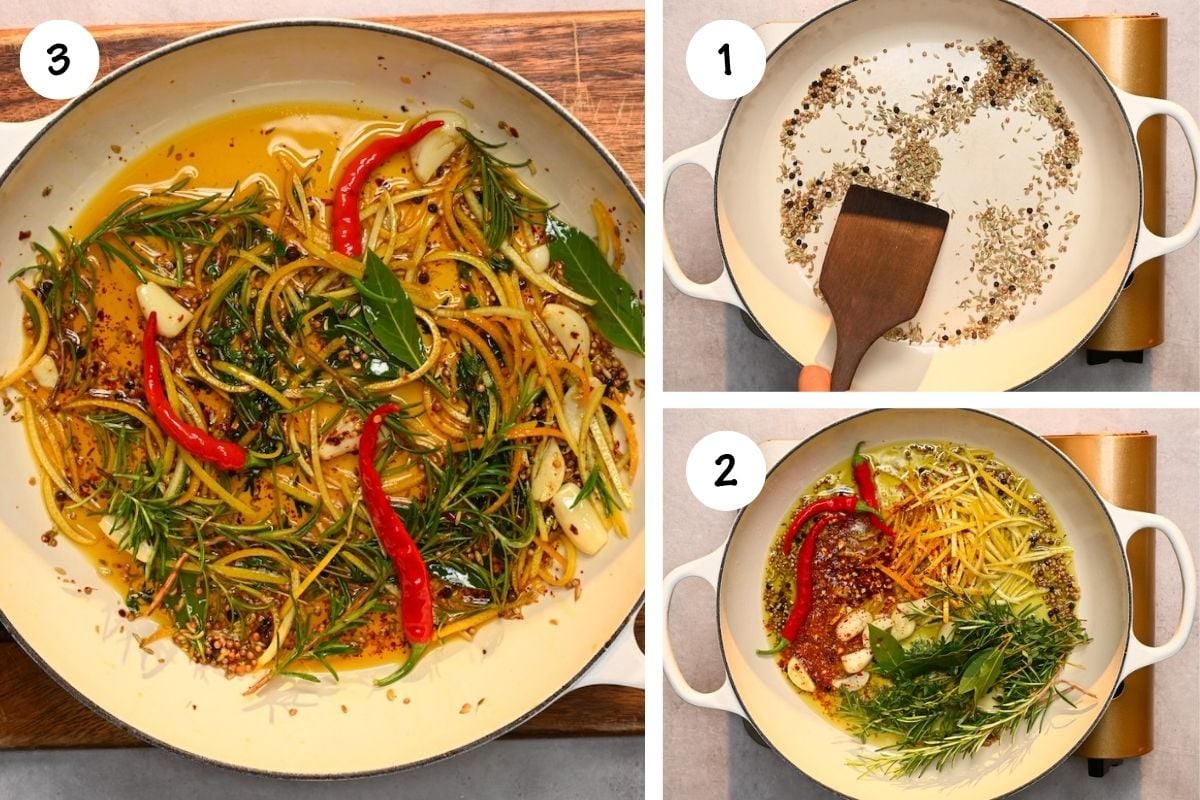 A three-panel view showing whole spices toasted in a skillet, followed by the addition of olive oil, red chilies, fresh herbs, and citrus peel, then stirred together to infuse the oil.