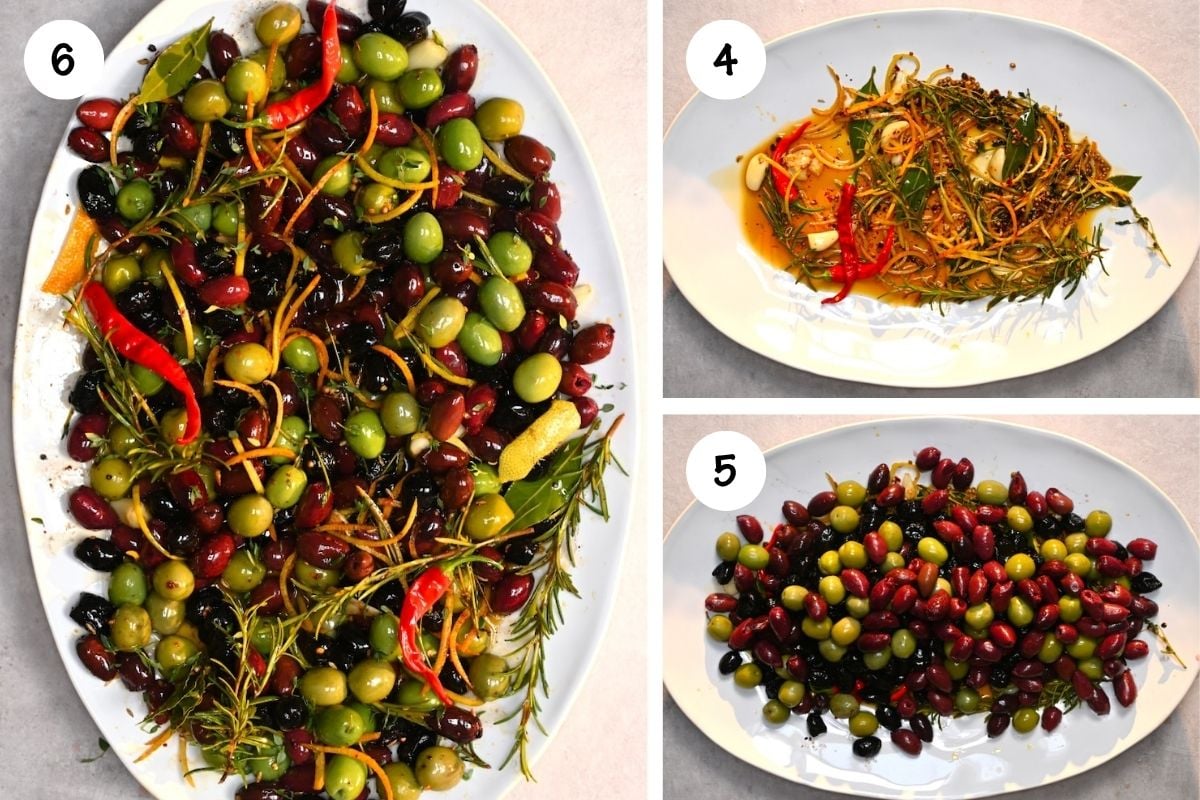 A three-panel view showing warm herb-and-chili-infused oil poured onto an oval platter, mixed olive varieties added on top, and everything tossed together to coat the olives evenly.