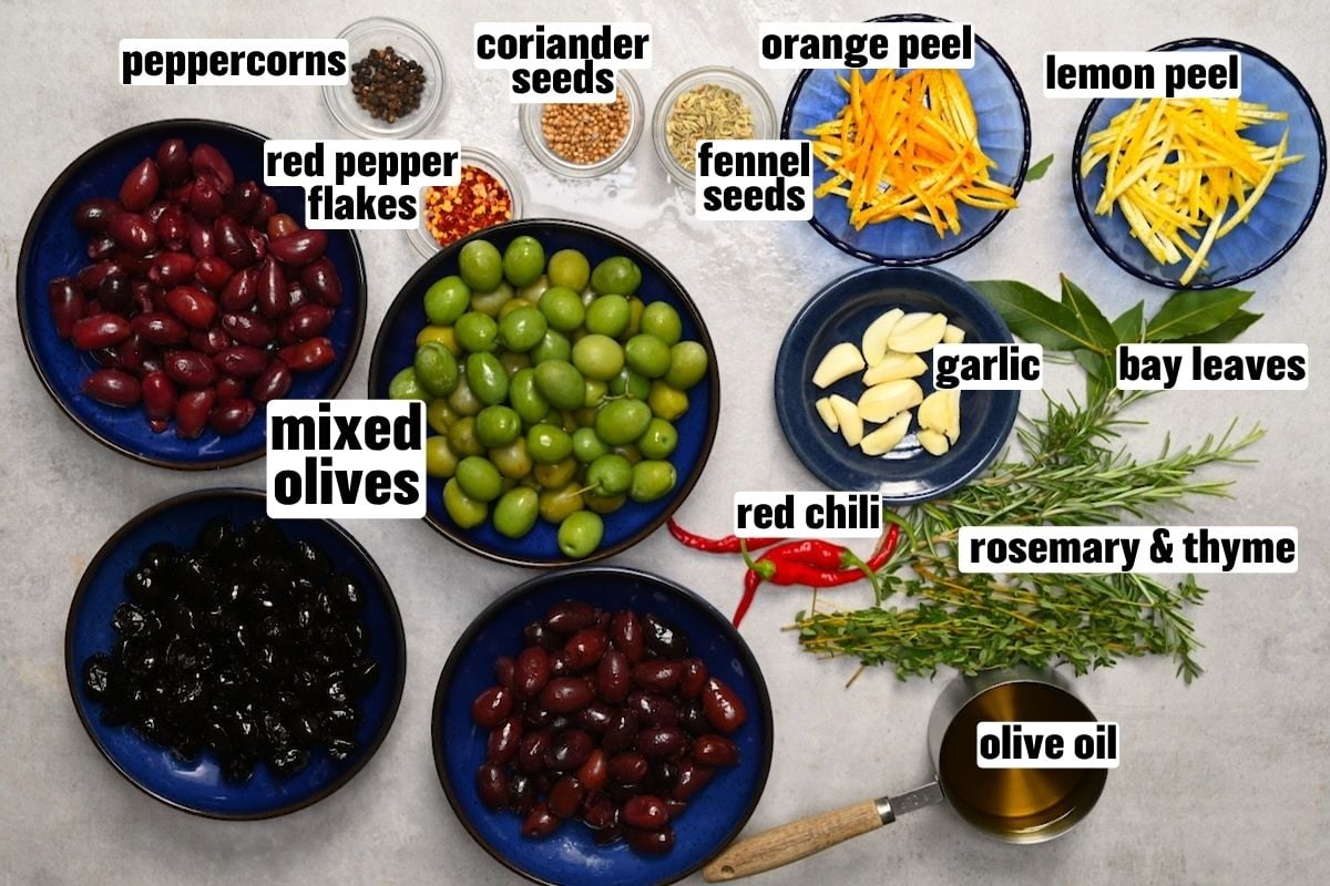 An overhead flat lay of marinated olive ingredients including assorted olives, citrus peel, garlic, spices, and fresh herbs.