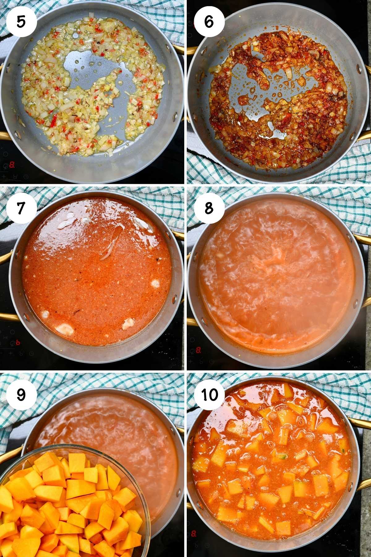 A six-panel step-by-step grid showing how to make pumpkin curry: sautéing aromatics, cooking spices, adding liquids, bringing sauce to a simmer, and stirring in diced pumpkin.