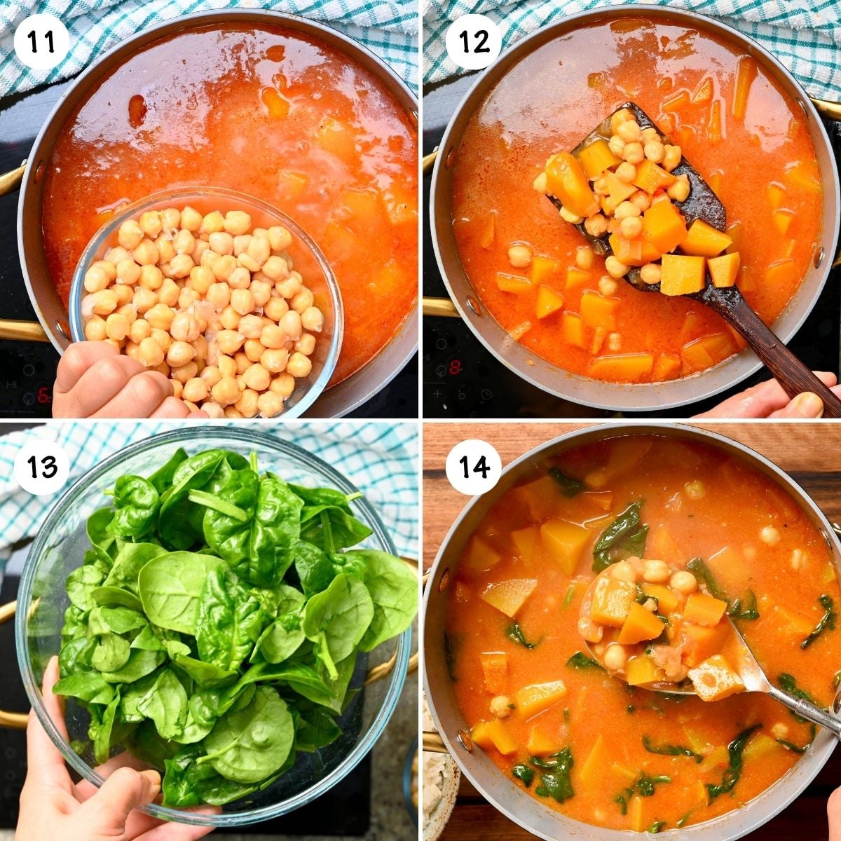 A four-panel step-by-step grid showing how to complete pumpkin curry: adding chickpeas, stirring the mixture, adding fresh spinach, and simmering until wilted.