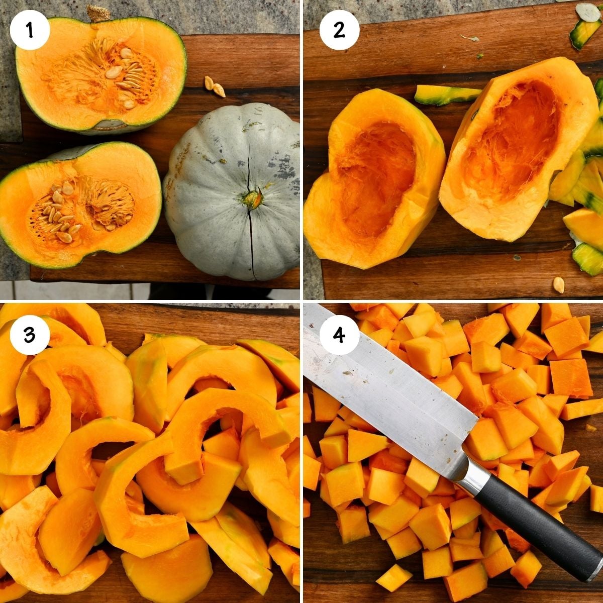 A four-panel collage showing step-by-step instructions to prep a pumpkin: cutting it open, scooping out the seeds, slicing into strips, and chopping into cubes on a wooden cutting board.