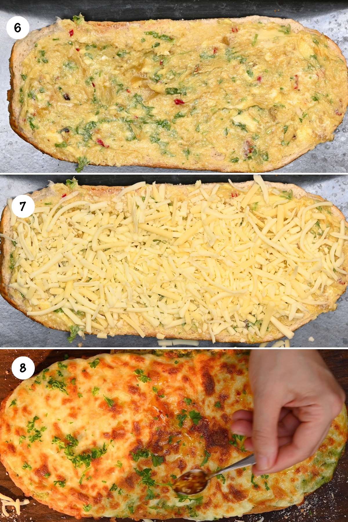 A three-panel step-by-step image showing how to assemble roasted garlic bread: spreading roasted garlic butter onto a sliced loaf, topping with shredded mozzarella, and baking until melted and golden brown.