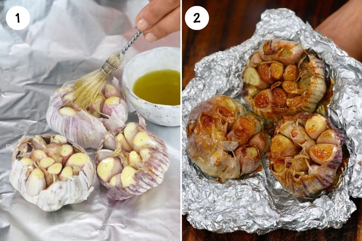 two-panel step-by-step image showing how to bake garlic: brushing trimmed garlic heads with olive oil on foil and roasting until golden brown.