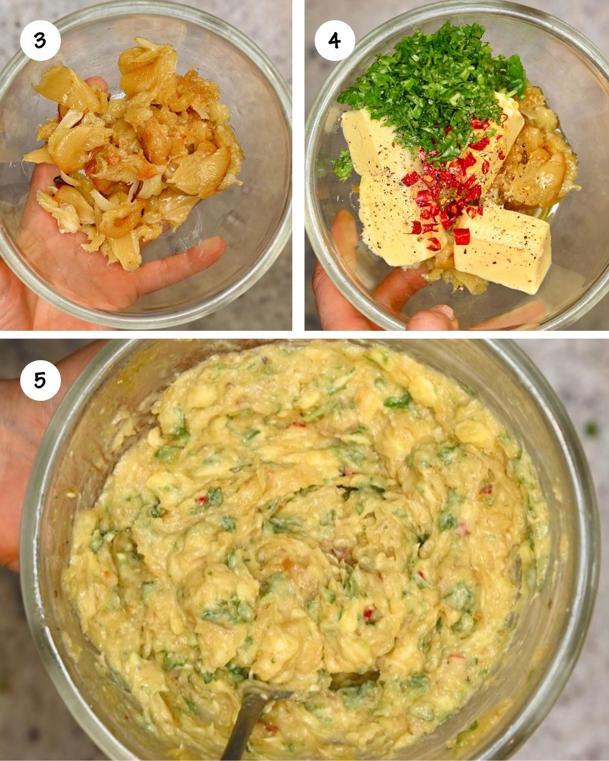 A three-panel step-by-step image showing how to make garlic butter: squeezing roasted garlic into a bowl, adding softened butter with herbs and spices, and mixing until creamy.