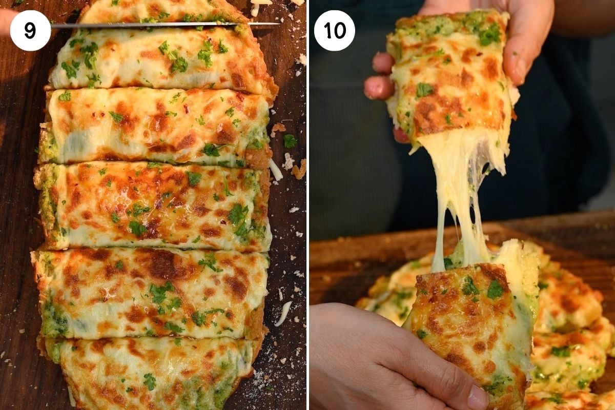 Roasted Garlic Bread - Slicing and Cheese Pull