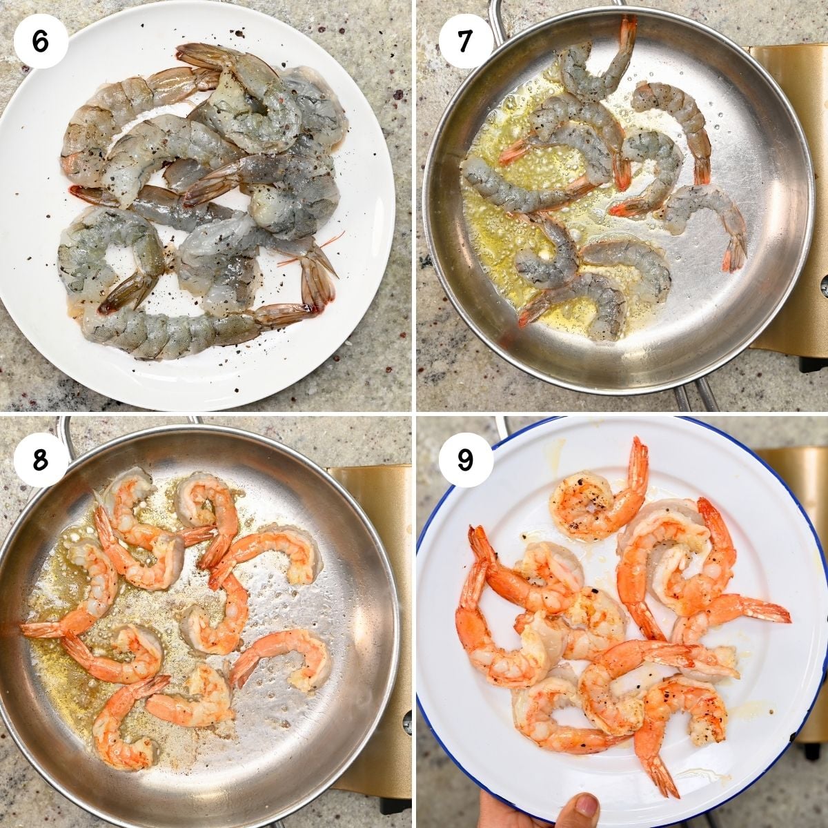 A four-step grid showing how to cook shrimp for pasta: seasoned raw shrimp on a plate, searing the shrimp in a hot pan with olive oil, cooking until pink, and setting the cooked shrimp aside on a plate.