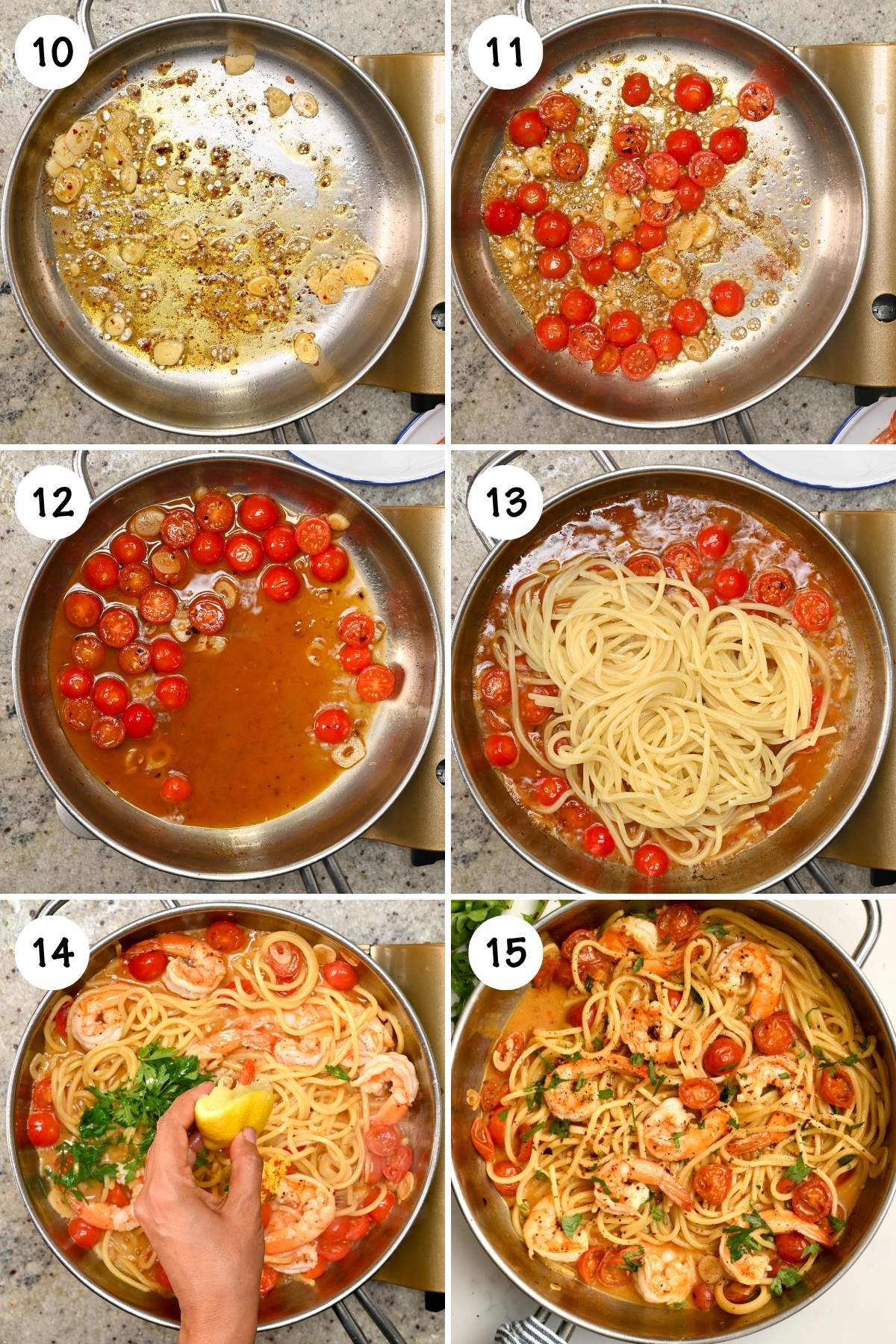 A six-step grid showing how to make shrimp pasta sauce: sauteing garlic and red pepper flakes, adding cherry tomatoes, pouring in shrimp stock, tossing in spaghetti, adding cooked shrimp with fresh parsley and lemon juice, and stirring everything together in the skillet.