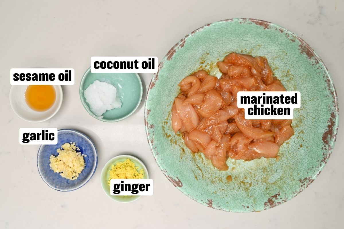 An ingredient flat lay arranged on a white surface featuring a large rustic green plate of marinated chicken strips alongside small bowls containing sesame oil, coconut oil, minced garlic, and grated ginger.