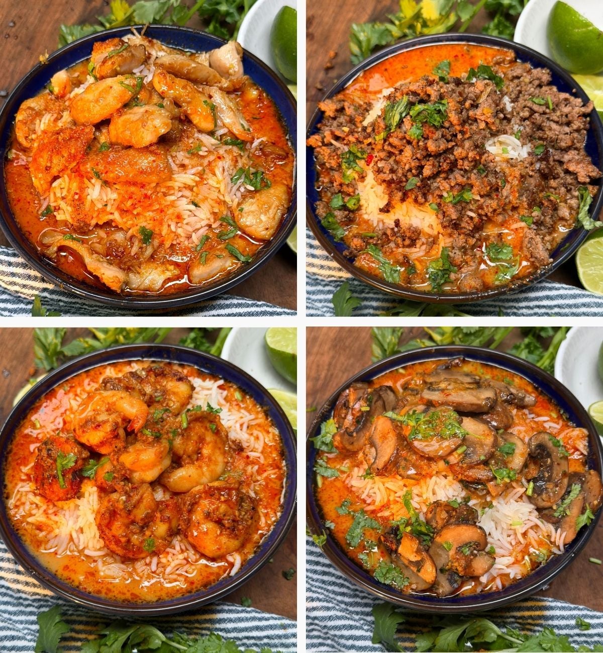 A four-panel grid showing different serving options for Thai red curry over rice, featuring chicken topping, minced beef topping, prawn topping, and mushroom topping, each garnished with fresh cilantro.