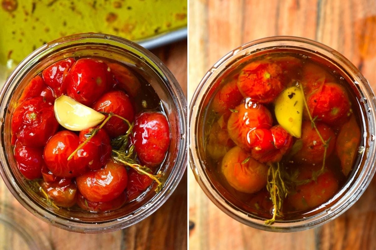 Mason jar filled with slow-roasted cherry tomatoes, garlic cloves, thyme sprigs, and olive oil.