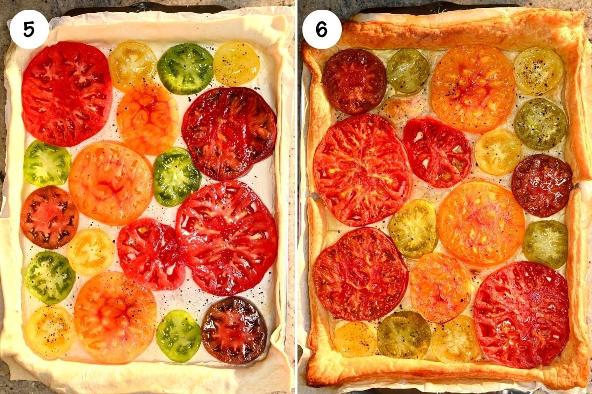 A side-by-side view showing colorful fresh tomato slices arranged over cheese on raw puff pastry, followed by the baked tart with a golden-brown puffed crust and roasted tomatoes.