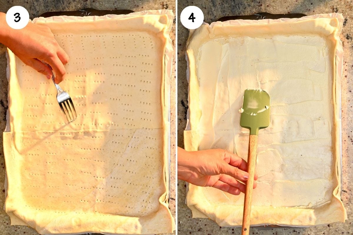 A side-by-side view showing a hand using a fork to prick holes across puff pastry dough, followed by a green spatula spreading a creamy cheese mixture evenly inside the crust borders.