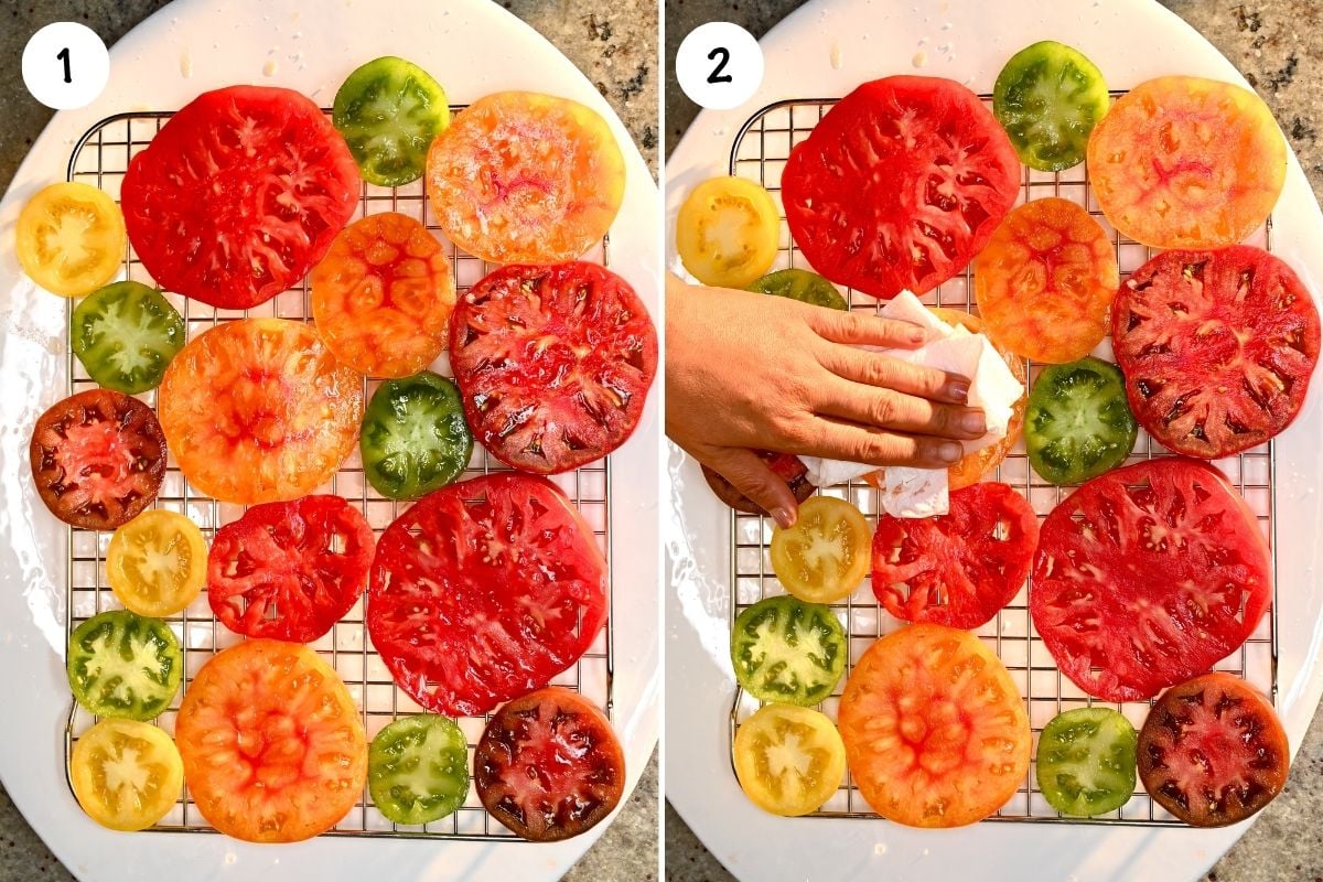 A side-by-side view showing fresh tomato slices arranged on a wire rack, followed by a hand using a paper towel to gently pat the excess moisture off the tomatoes.