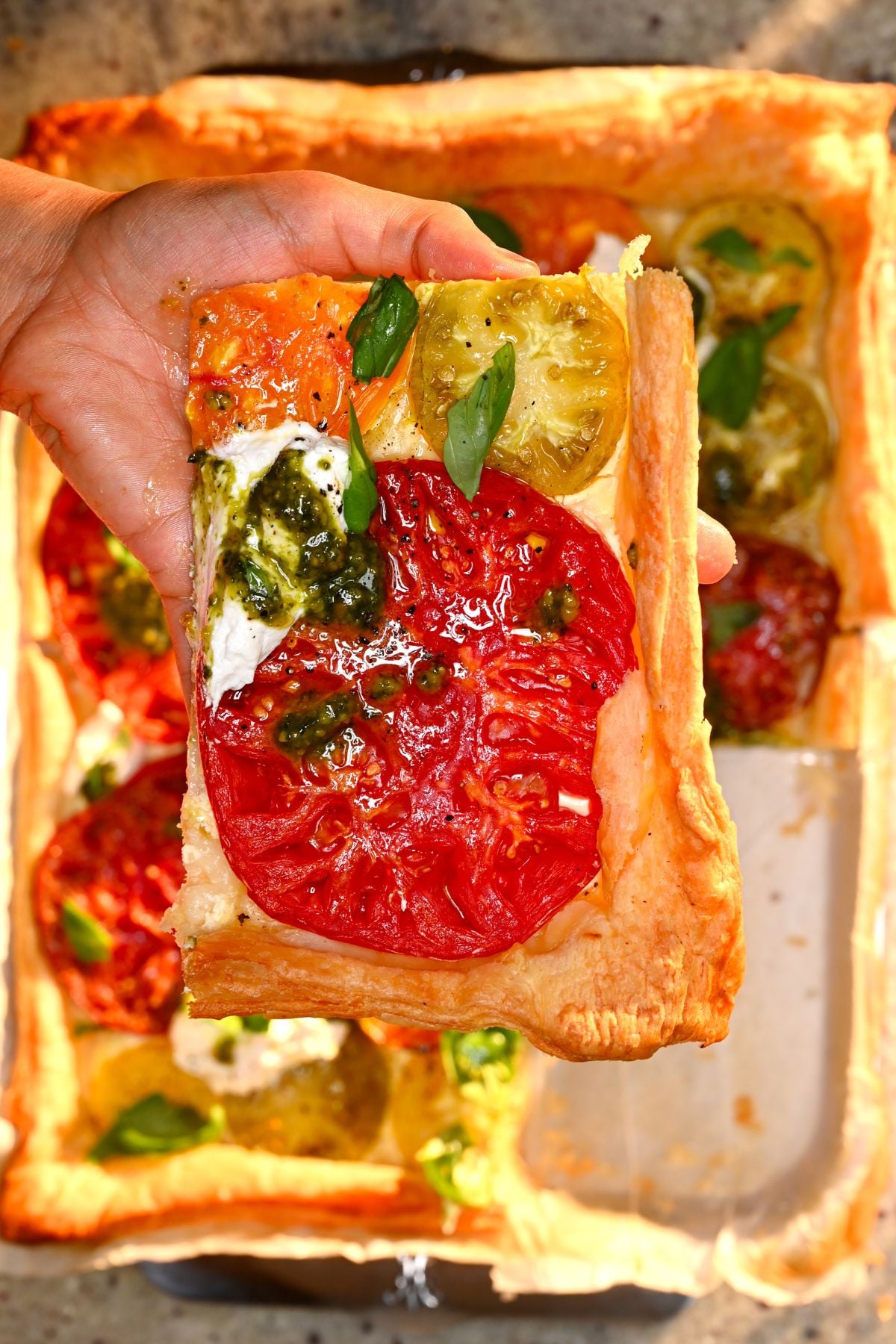A hand holding a rectangular slice of heirloom tomato tart topped with pesto, fresh cheese, and basil, with the rest of the baked tart in the background.
