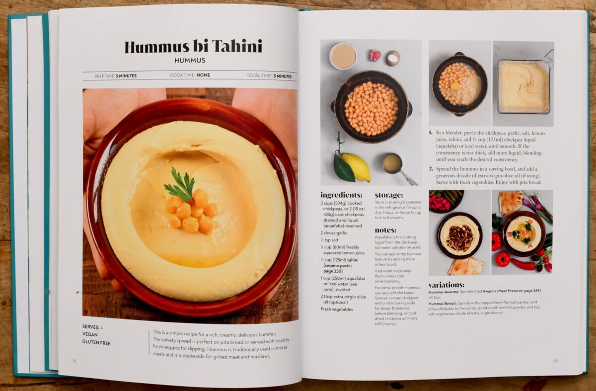 Hummus bi tahini recipe pages from the cookbook, with step-by-step photos