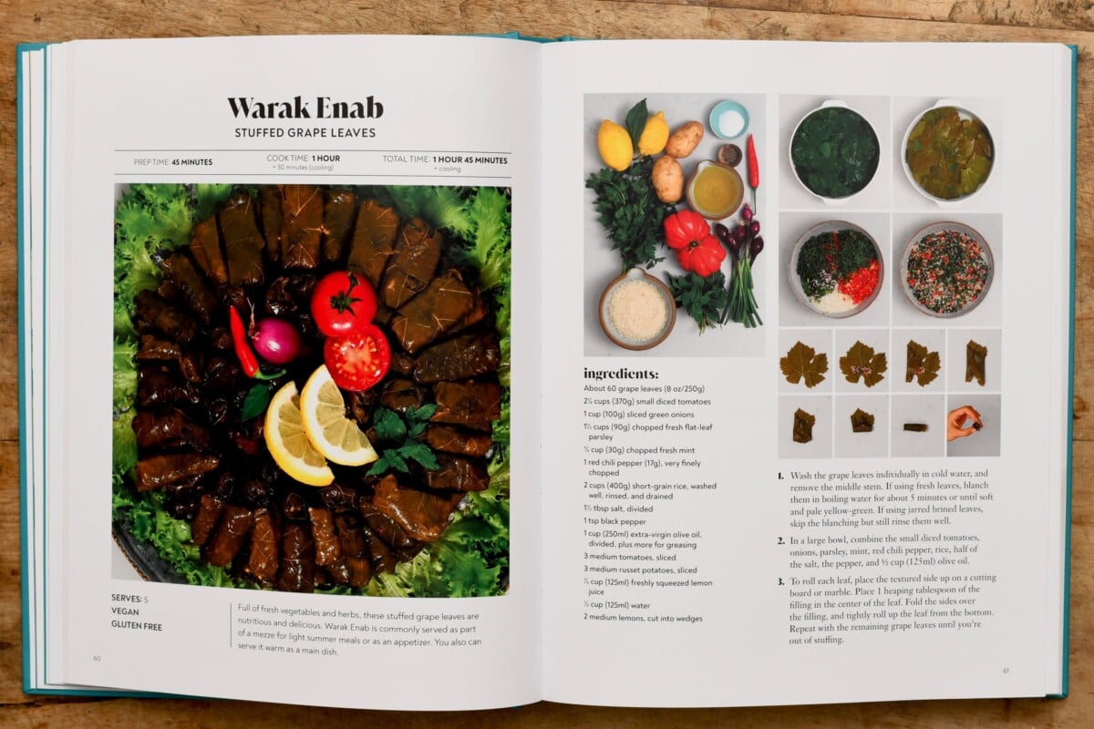 Warak enab (stuffed grape leaves) recipe pages from the cookbook, with step-by-step photos